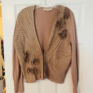 LOFT mauve cardigan with rosettes.